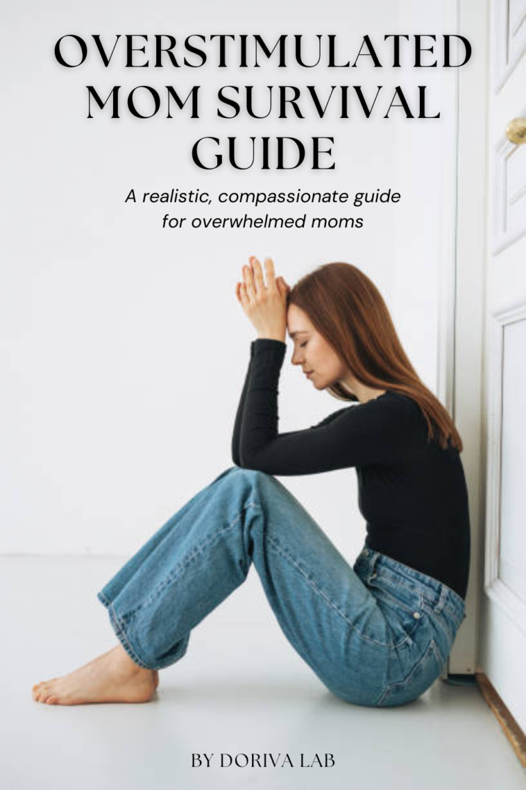 Book cover titled “Overstimulated Mom Survival Guide,” featuring a tired mother sitting on the floor with her head resting on her hands; a compassionate guide for overwhelmed moms and one of the best books for mothers seeking relief from overstimulation.